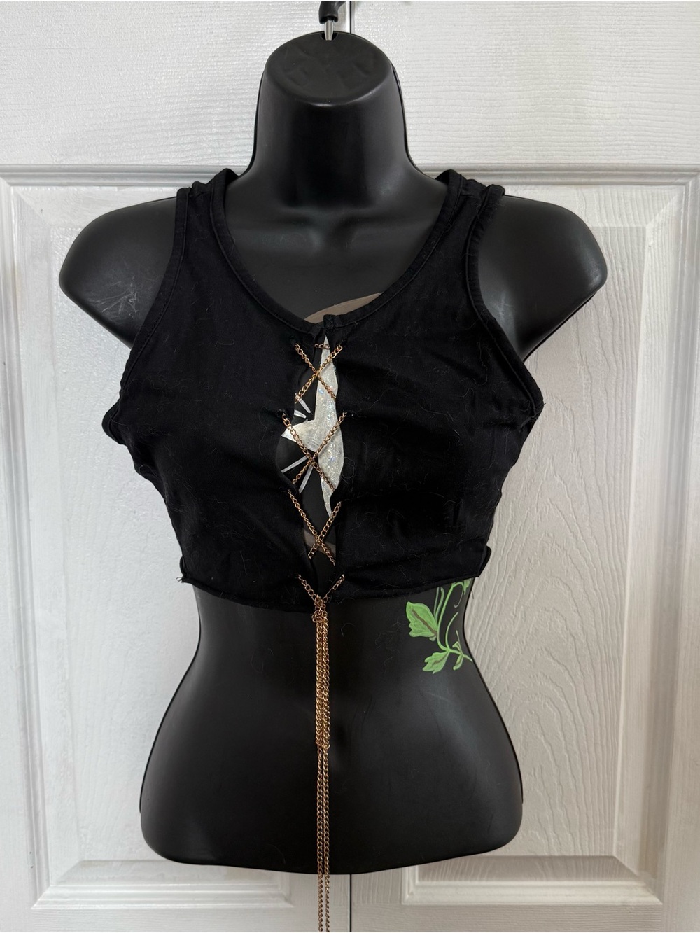 Black Lace-Up Crop Tank Top with Chain Detail
